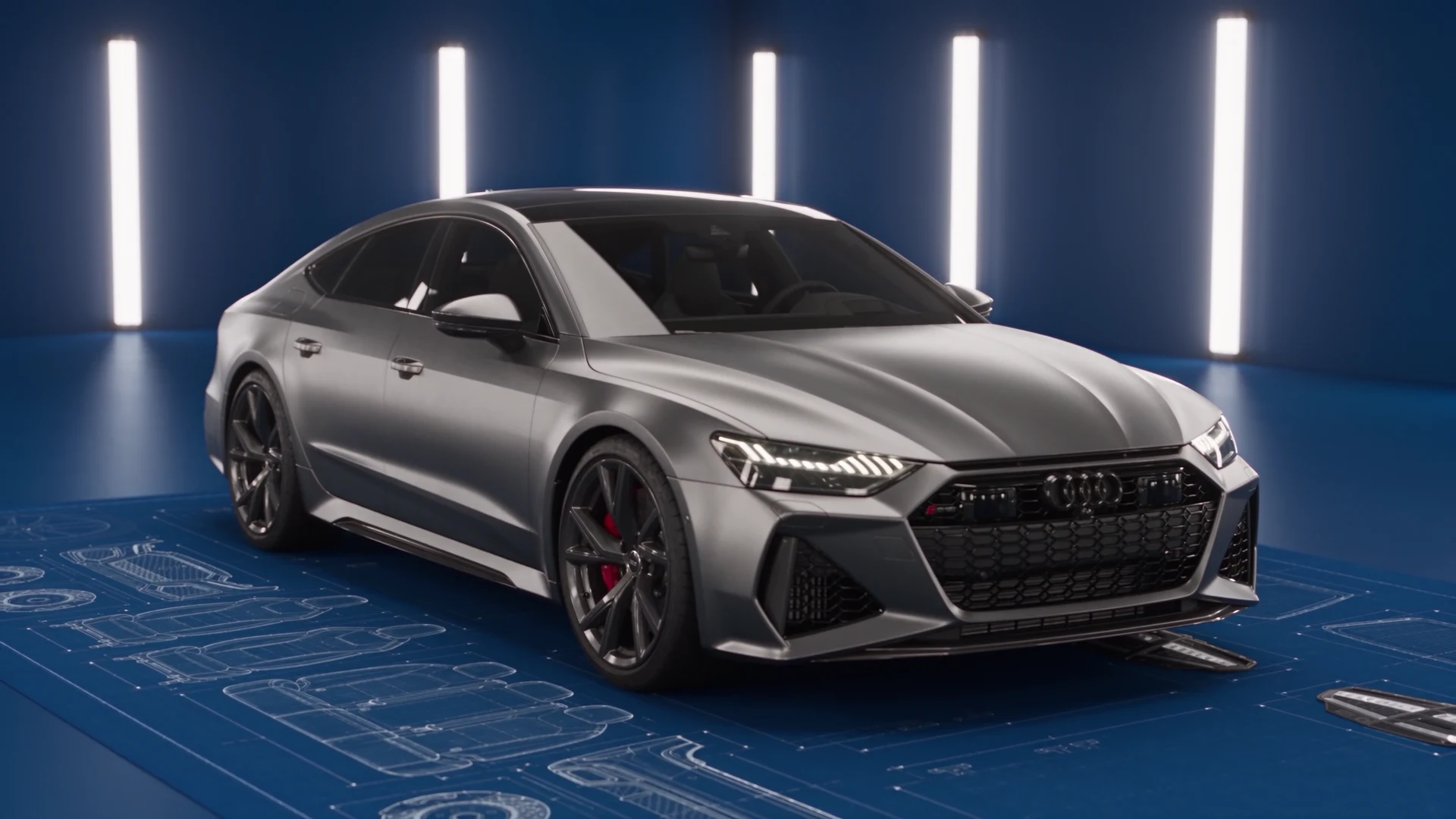 Completed sedan in a blue studio, an AI-generated concept.