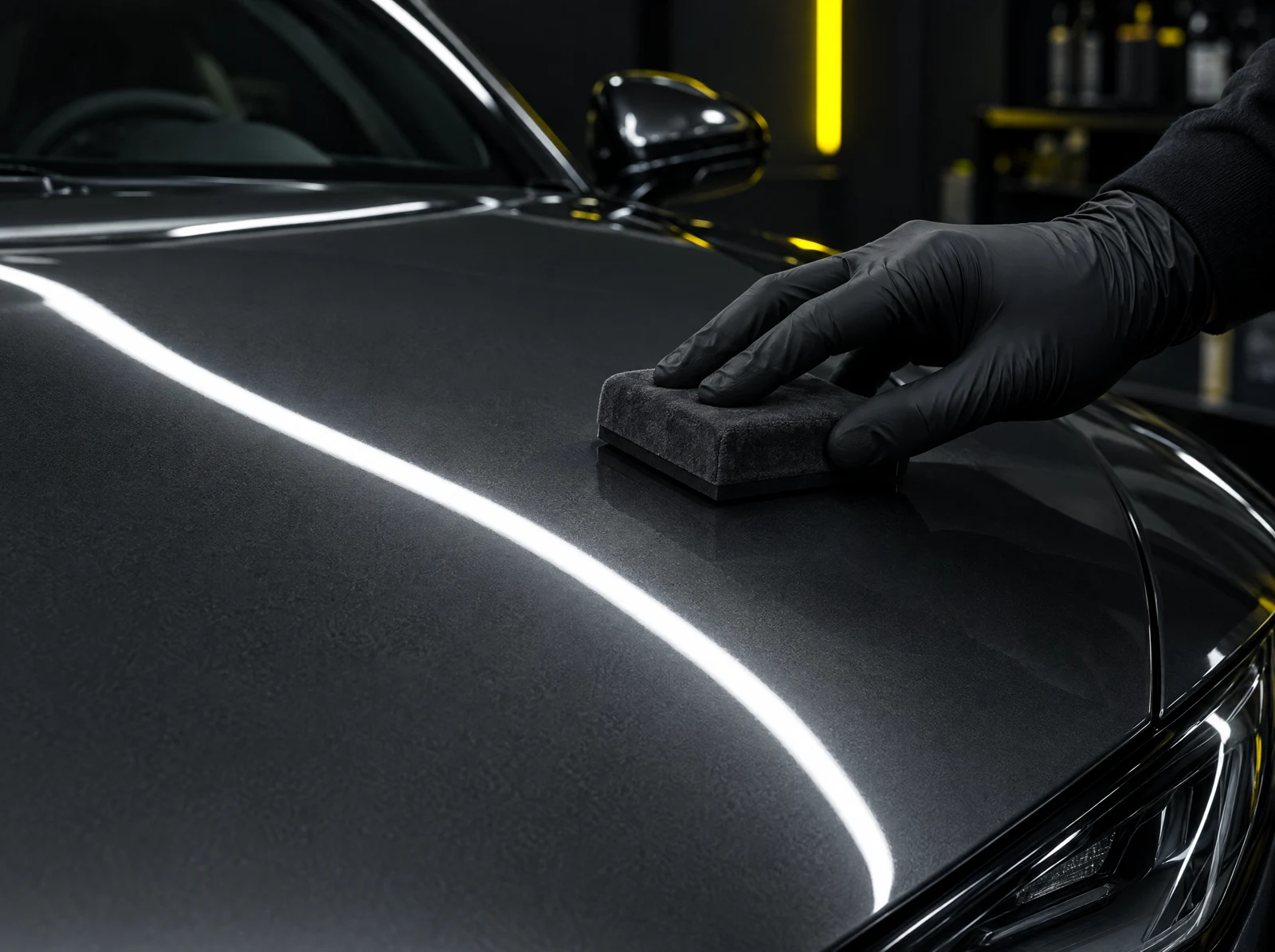 Close-up concept of ceramic treatment applied to dark paintwork.